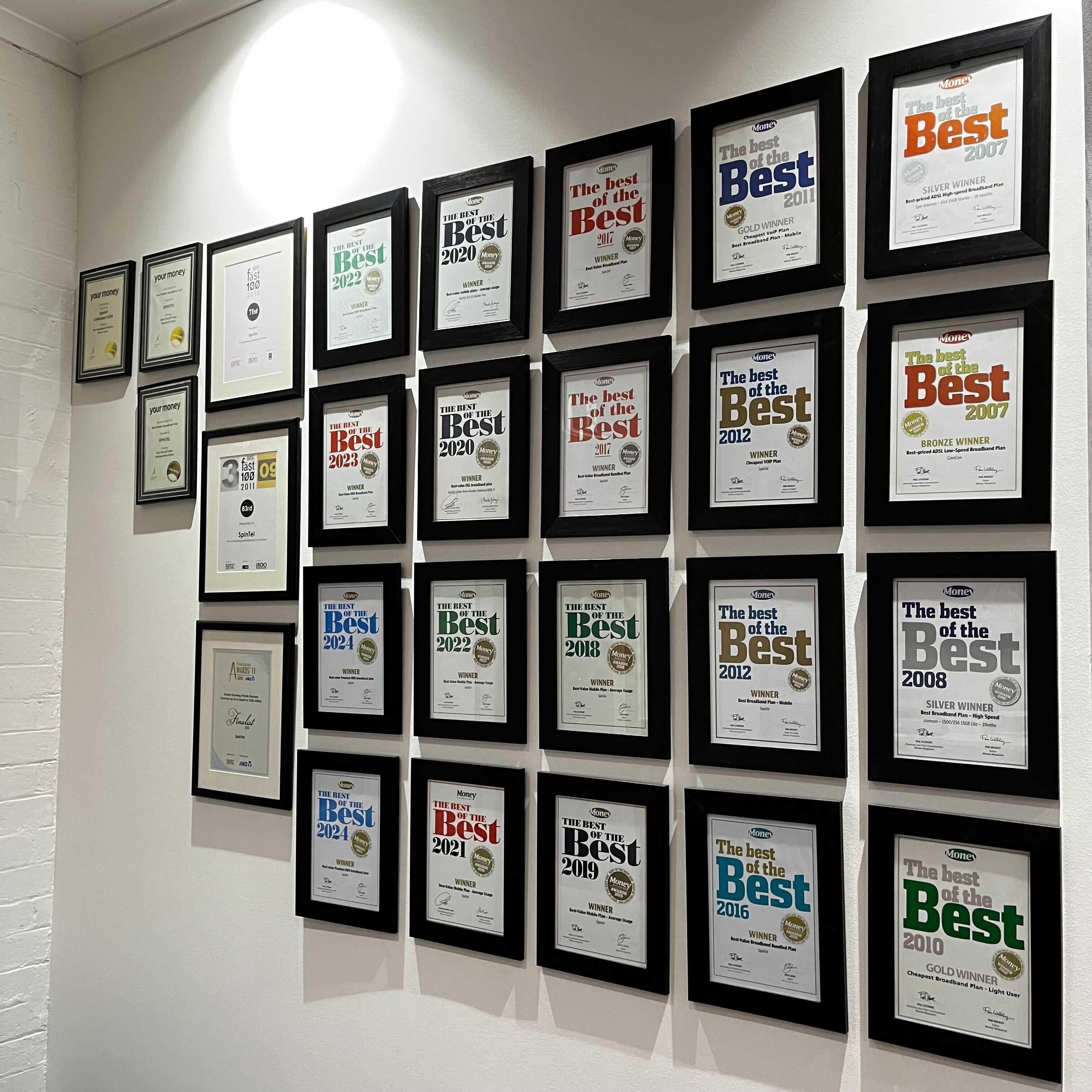 Framed awards on a wall