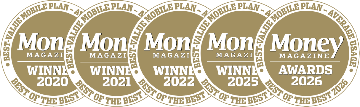Award logo for winning Money Magazine's Best Average Usage Mobile Plan Award for 2026, 2025, 2022, 2021, and 2020