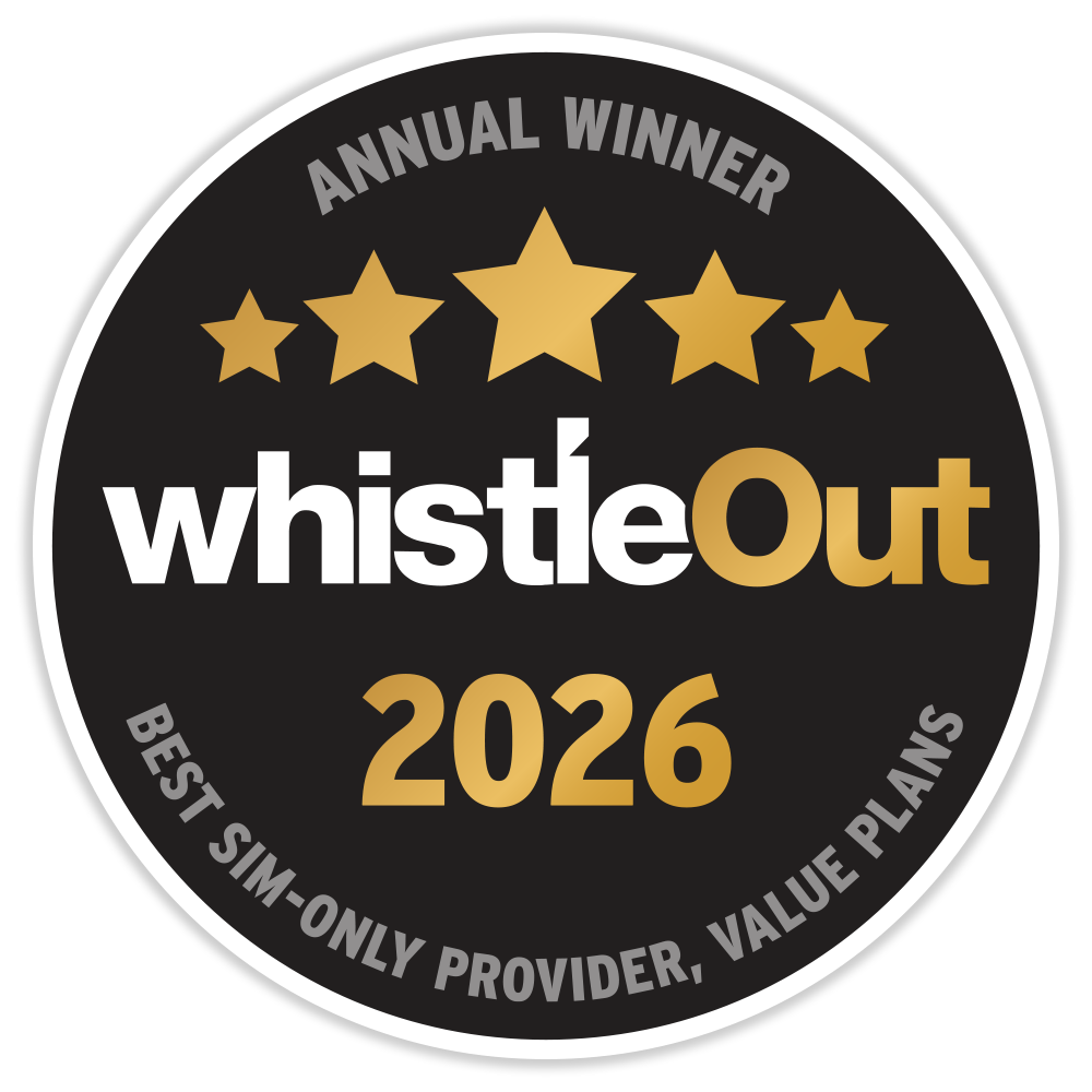 Award logo for winning WhistleOut's Best SIM-Only Provider, Value Plans award for 2026