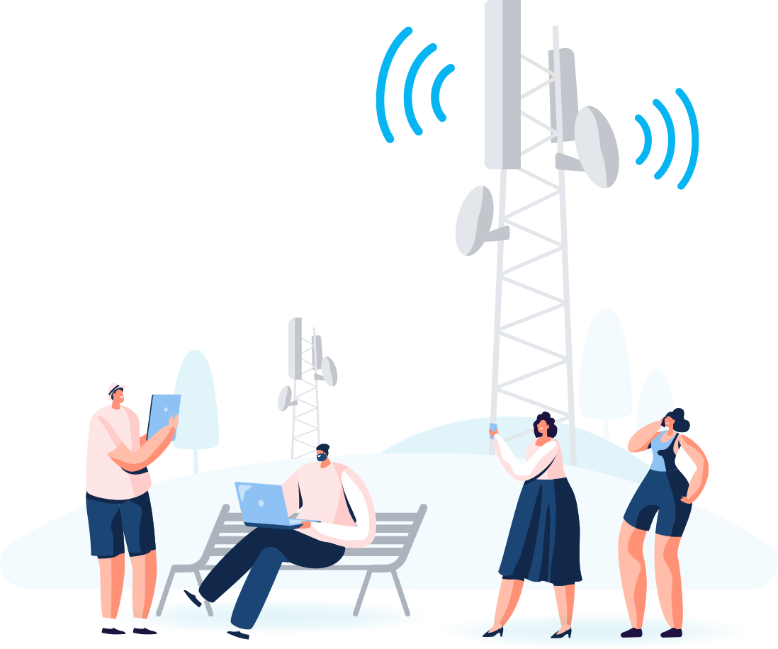 animated people on wireless devices next to an antenna