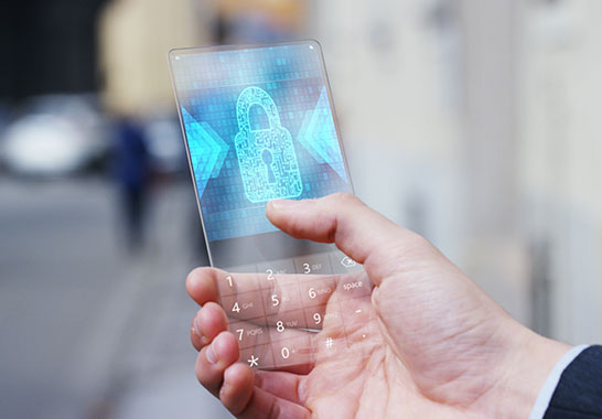 man holding a see through glass phone