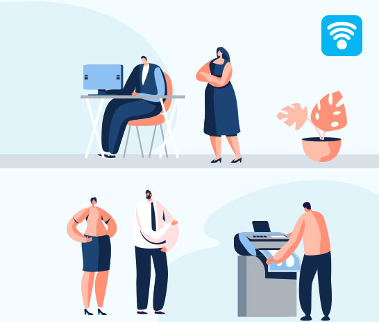 people using devices at work with a 5g network
