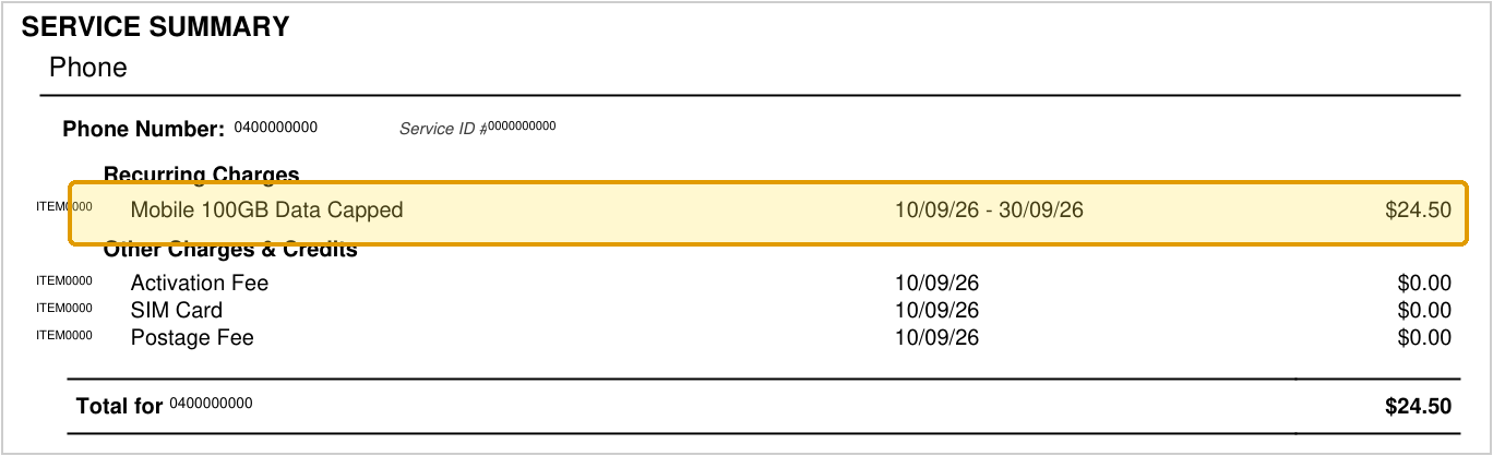 Example of a first bill showing a highlighted pro-rata charge of $24.50 for the period from 10 September to 30 September 2026