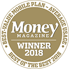 Award logo for winning Money Magazine's Best Value Mobile Plan Average Usage Award for 2018