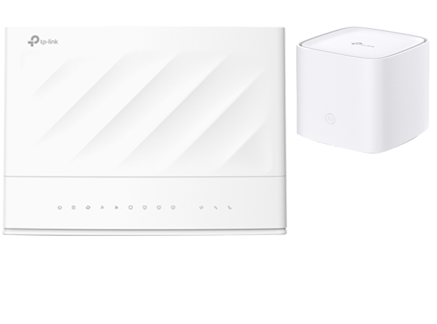 A TP-Link VX230v Dual-Band Wi-Fi 6 Modem Router and HX220 Mesh WiFi Router.