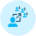 image of a animated person sending something to multiple people with dollar signs